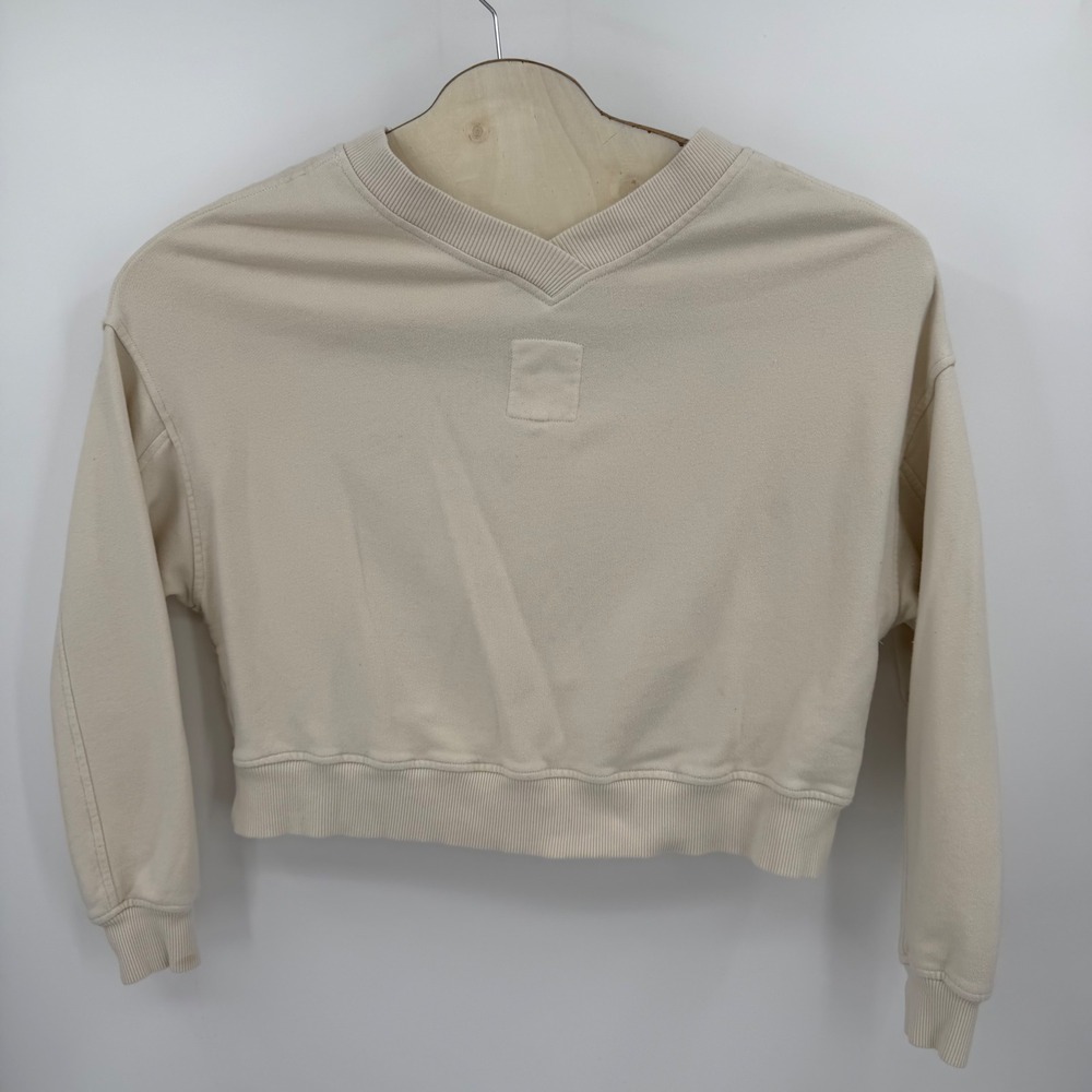 Aerie Sweatshirt Women Small Cream V-Neck Cropped Fleece Pullover Minimalist - Picture 2 of 8